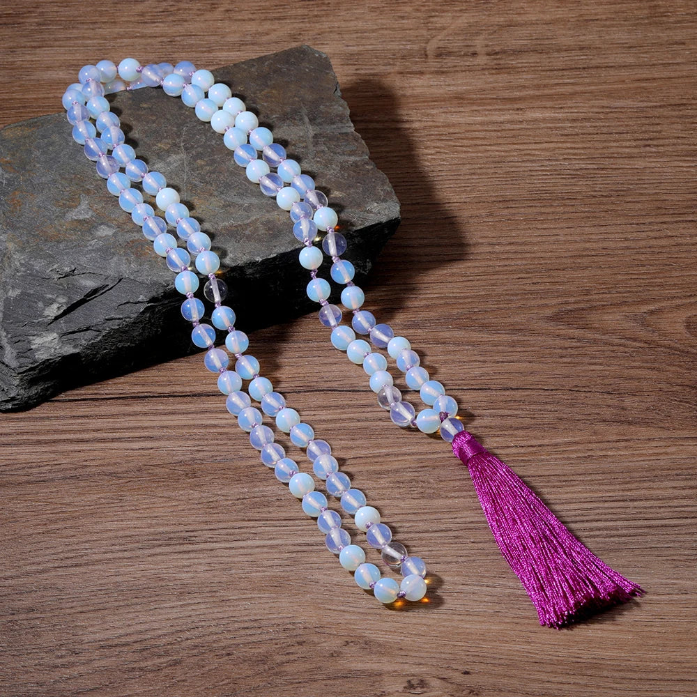 8mm Opal Hand-Knotted 108 Mala Beads Necklace with Tassel for Meditation, Yoga, and Prayer - Premium necklace from Lizard Vigilante - Just $38.88! Shop now at Lizard Vigilante