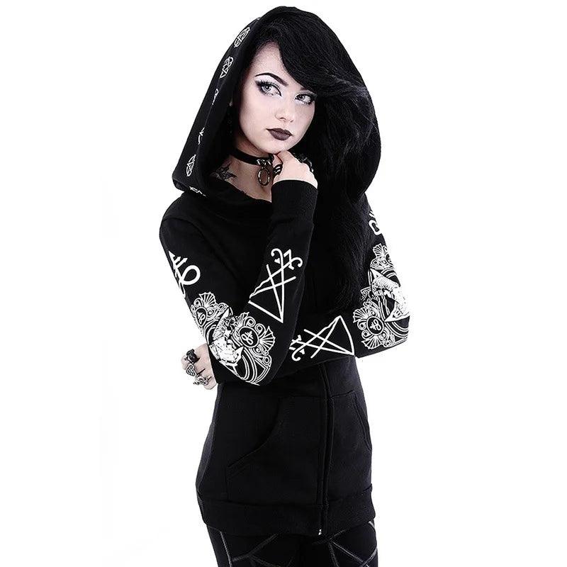 Fashion Trend Women's Winter Irregular Black Punk Hooded Coat Sheep's Head Moon Printed Sweater - Lizard Vigilante