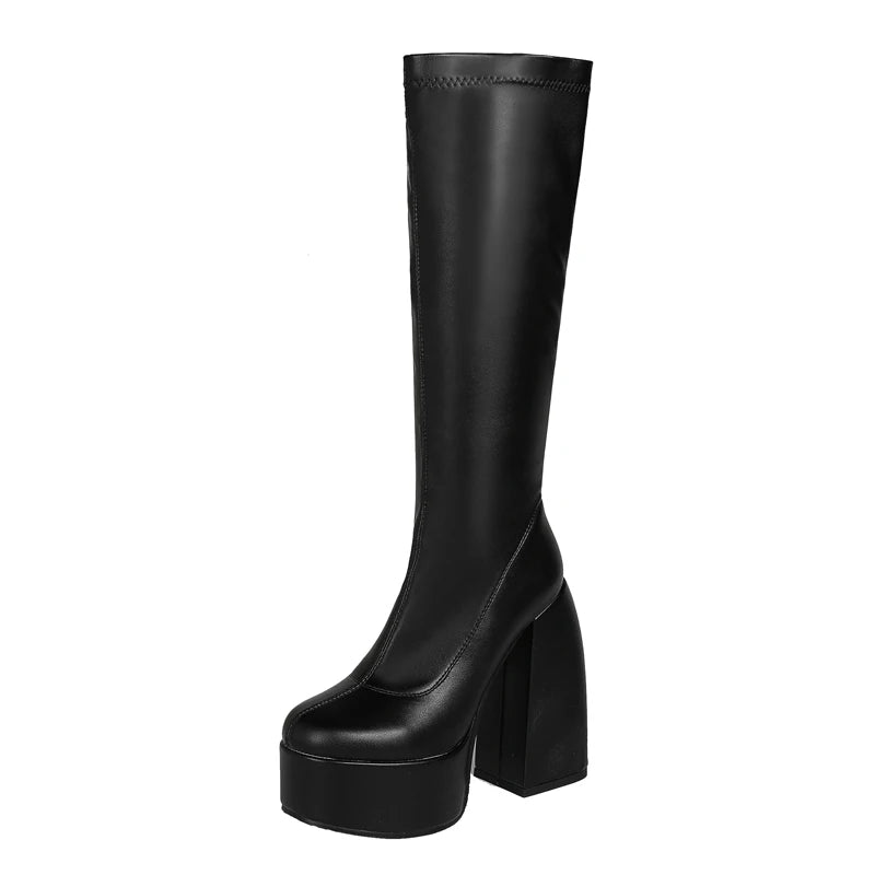 Punk Style Black Chunky Platform Knee-High Boots for Women – Elastic Microfiber Thick Heels - Premium boots from dsers - Just $98.88! Shop now at Lizard Vigilante