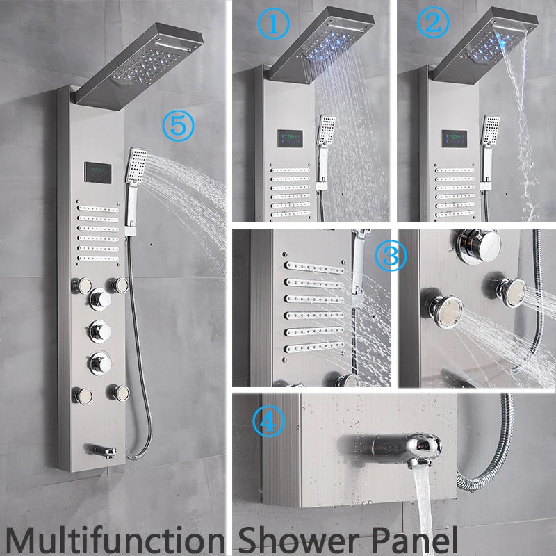 Brushed Nickel Bathroom Shower Column Wall Mounted Black LED Shower Panel Faucets Rainfall Digital Screen 6 Modes Mixer Tap - Premium  from Lizard Vigilante - Just $137.99! Shop now at Lizard Vigilante
