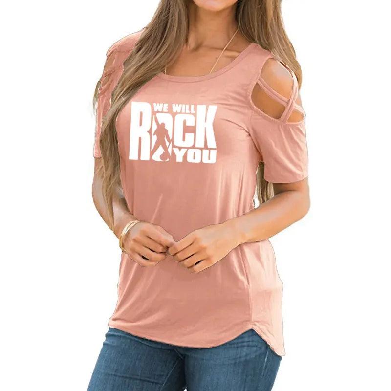 We Will Rock You Women T Shirt Summer Queen Rock Band T-shirt Short Sleeve Rock Roll Womens Off Shoulder Hollow Femme Tops - Lizard Vigilante