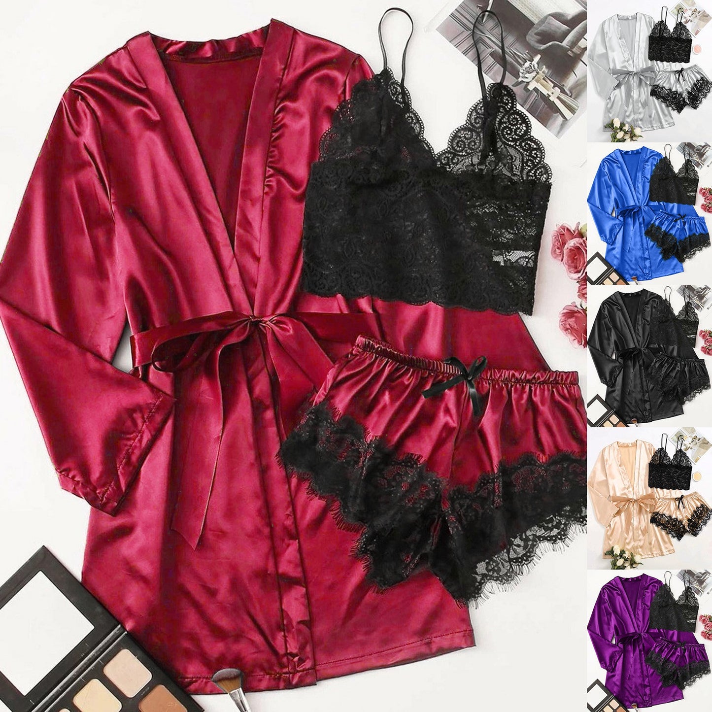 3-Piece Satin Silk Pajamas Set for Women – Sexy Lace Nightwear with Shorts, Robe, and Nightgown Sleepwear - Premium robe from Lizard Vigilante - Just $22.88! Shop now at Lizard Vigilante