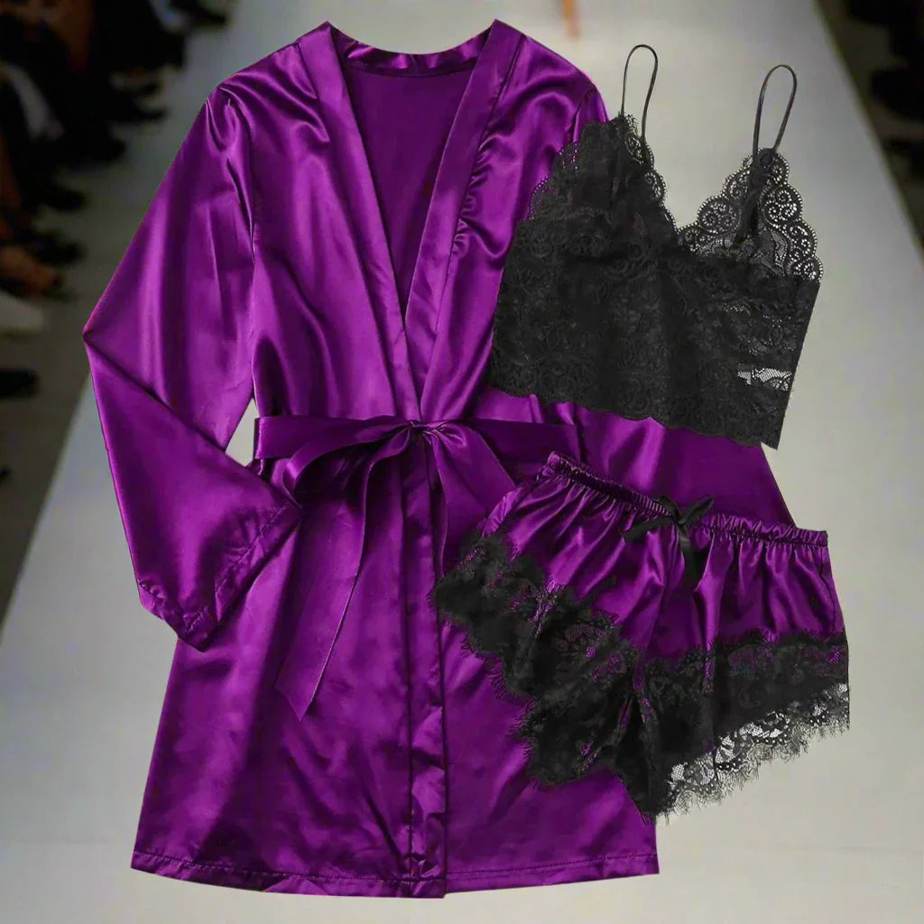 3-Piece Satin Silk Pajamas Set for Women – Sexy Lace Nightwear with Shorts, Robe, and Nightgown Sleepwear - Premium robe from Lizard Vigilante - Just $22.88! Shop now at Lizard Vigilante