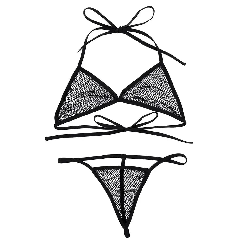 Women See-through Bikini Brazilian Swimsuit Bra Top with G-string Thongs Briefs Swimwear Set Lingerie Fishnet Mini Bikini Set - Lizard Vigilante