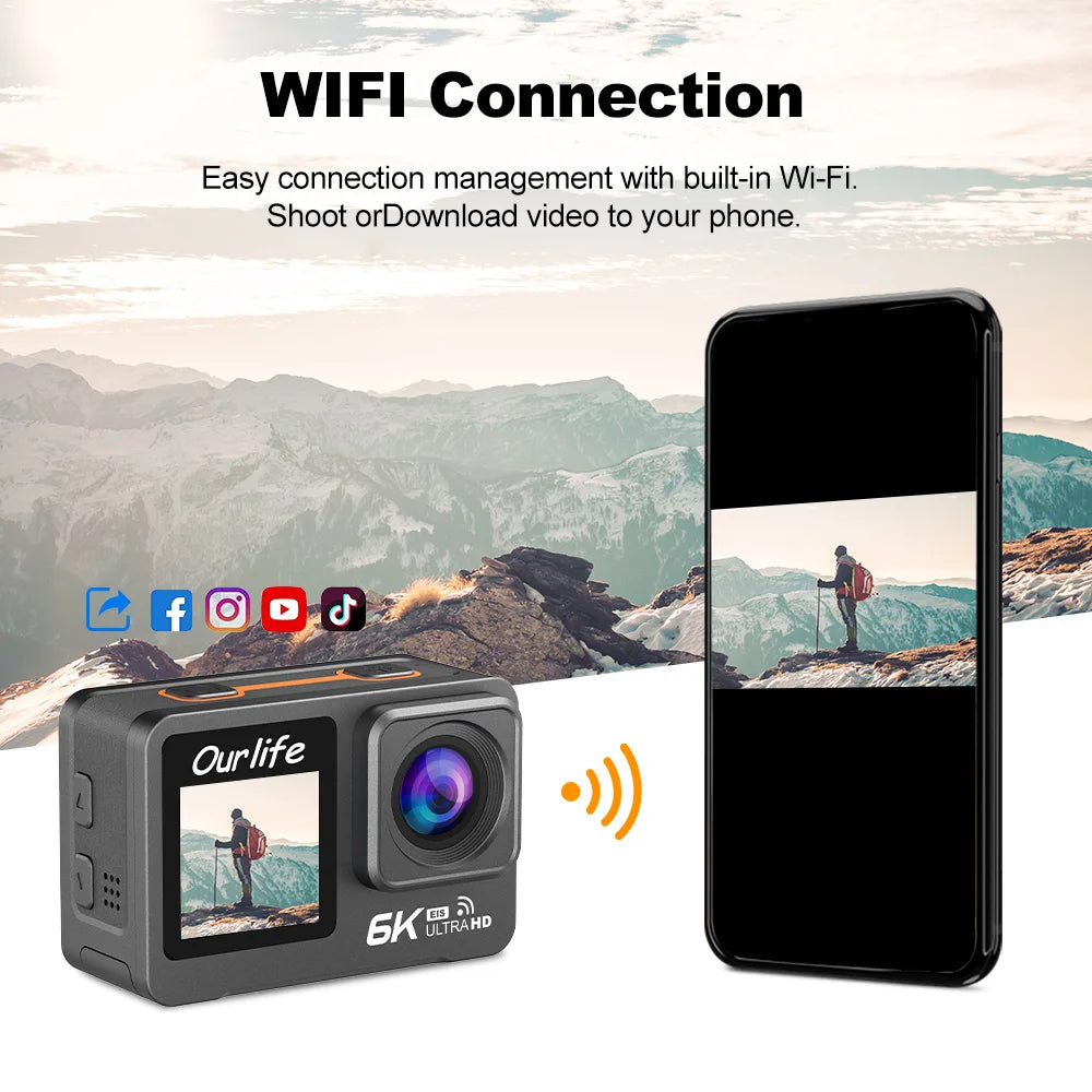 Professional Ourlife 6K 30fps 1080P 120fps sports action camera with EIS and waterproof 30 meters