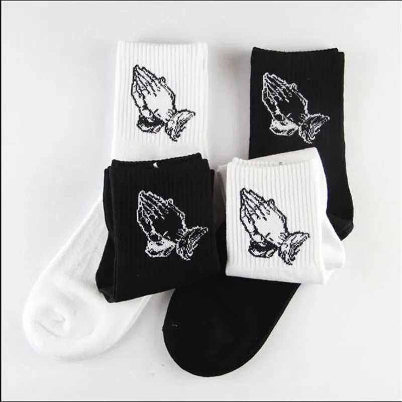 Fashion Skate Cotton Crew Socks of Virgin Mary Gesture Pattern for Men Women Hip Hop Funny Novelty  White Black Funky