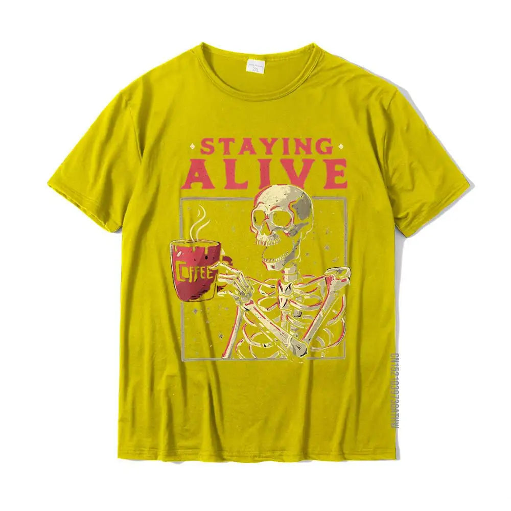 Staying Alive Skeleton Drink Coffee Funny T-Shirt | Unisex Cotton Tee - Premium T-shirts from Lizard Vigilante - Just $23.88! Shop now at Lizard Vigilante