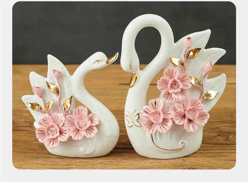 2PCS Swan Statue Pretty Creative Swan Sculpture Figurines Ceramic Crafts Art Home Decoration Accessories1 Pair Wedding Gift
