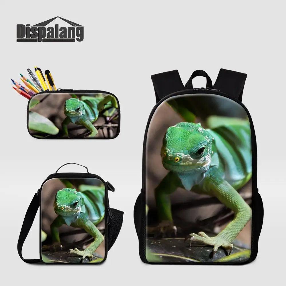 3 Piece Pencil Case School Bags Set Lizard Picnic Food Cooler Lizard Vigilante Reptile Print Schoolbag Boys Fashion Bagpack Children - Premium  from Lizard Vigilante - Just $64.69! Shop now at Lizard Vigilante