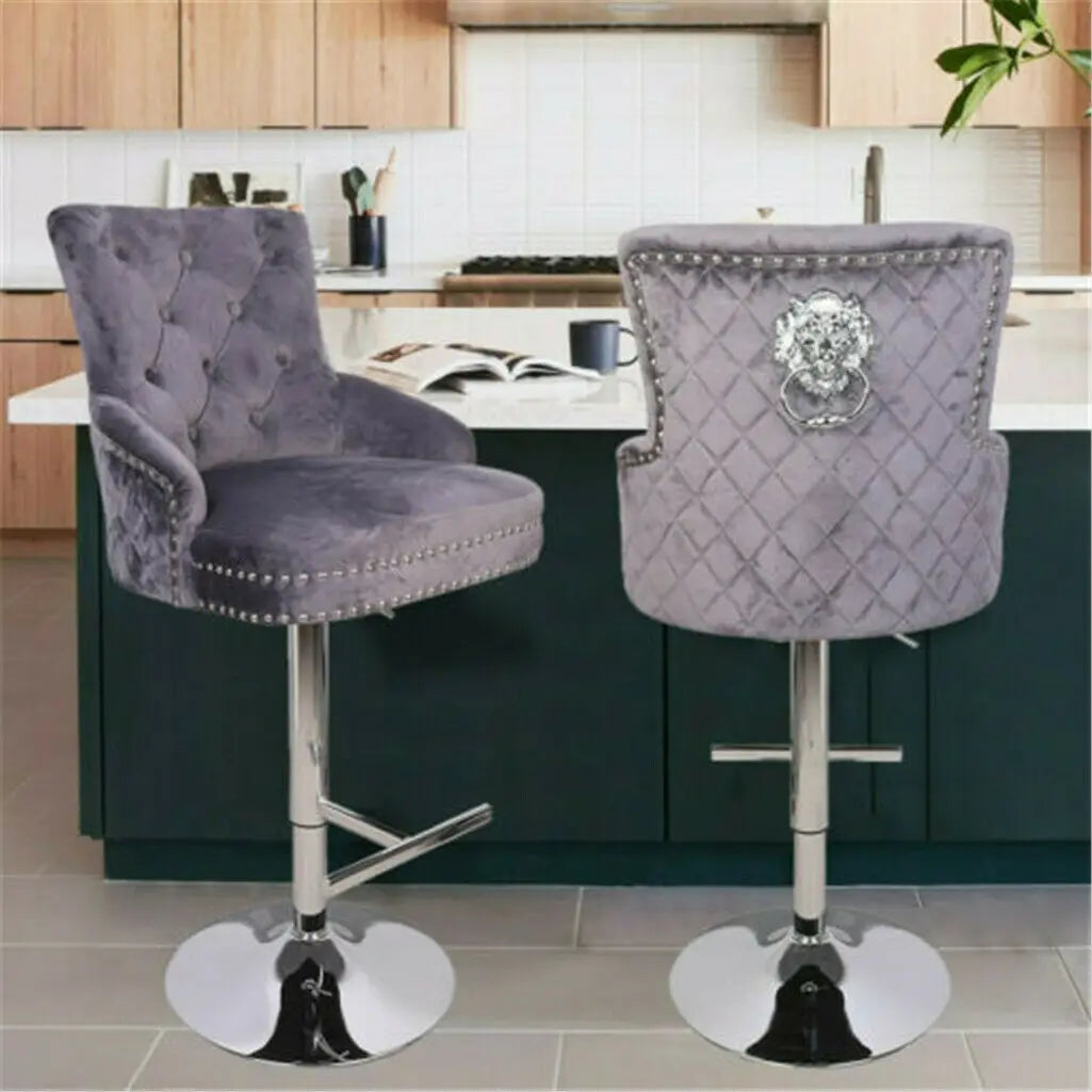 Luxury Black Velvet Swivel Bar Stool with Lion Knocker & Cross stitch High Back - Premium  from Lizard Vigilante - Just $232.99! Shop now at Lizard Vigilante