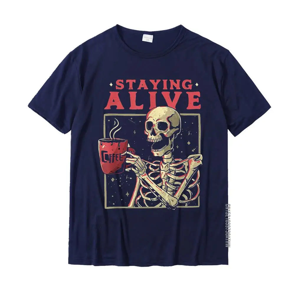 Staying Alive Skeleton Drink Coffee Funny T-Shirt | Unisex Cotton Tee - Premium T-shirts from Lizard Vigilante - Just $23.88! Shop now at Lizard Vigilante