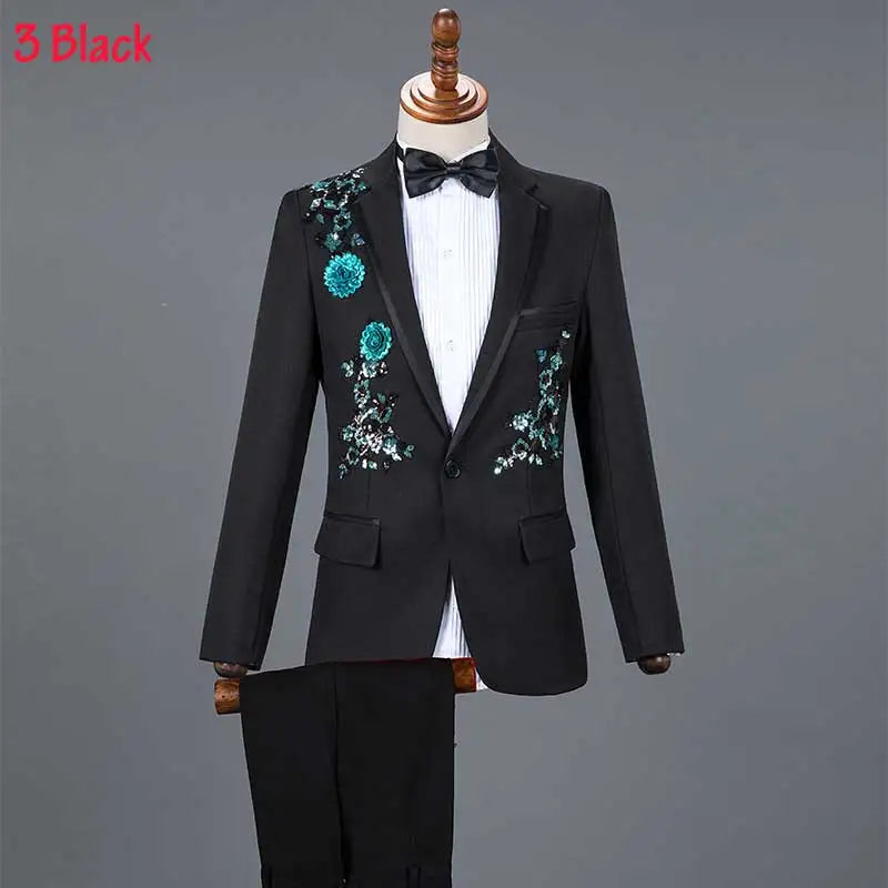 Mens Suits With Pants White Sparkly Crystals Embroidery Wedding Groom Tuxedo Suit Men Stand Collar Stage Costume Homme Mariage - Premium  from Lizard Vigilante - Just $88.88! Shop now at Lizard Vigilante