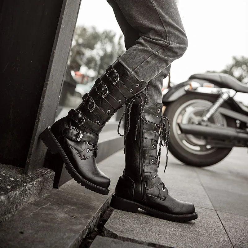 Large Size 38-46 Men's Leather Motorcycle Boots Mid-calf Military Combat Boots Gothic Belt Punk Boots Men Shoes Rock Punk Shoes - Lizard Vigilante