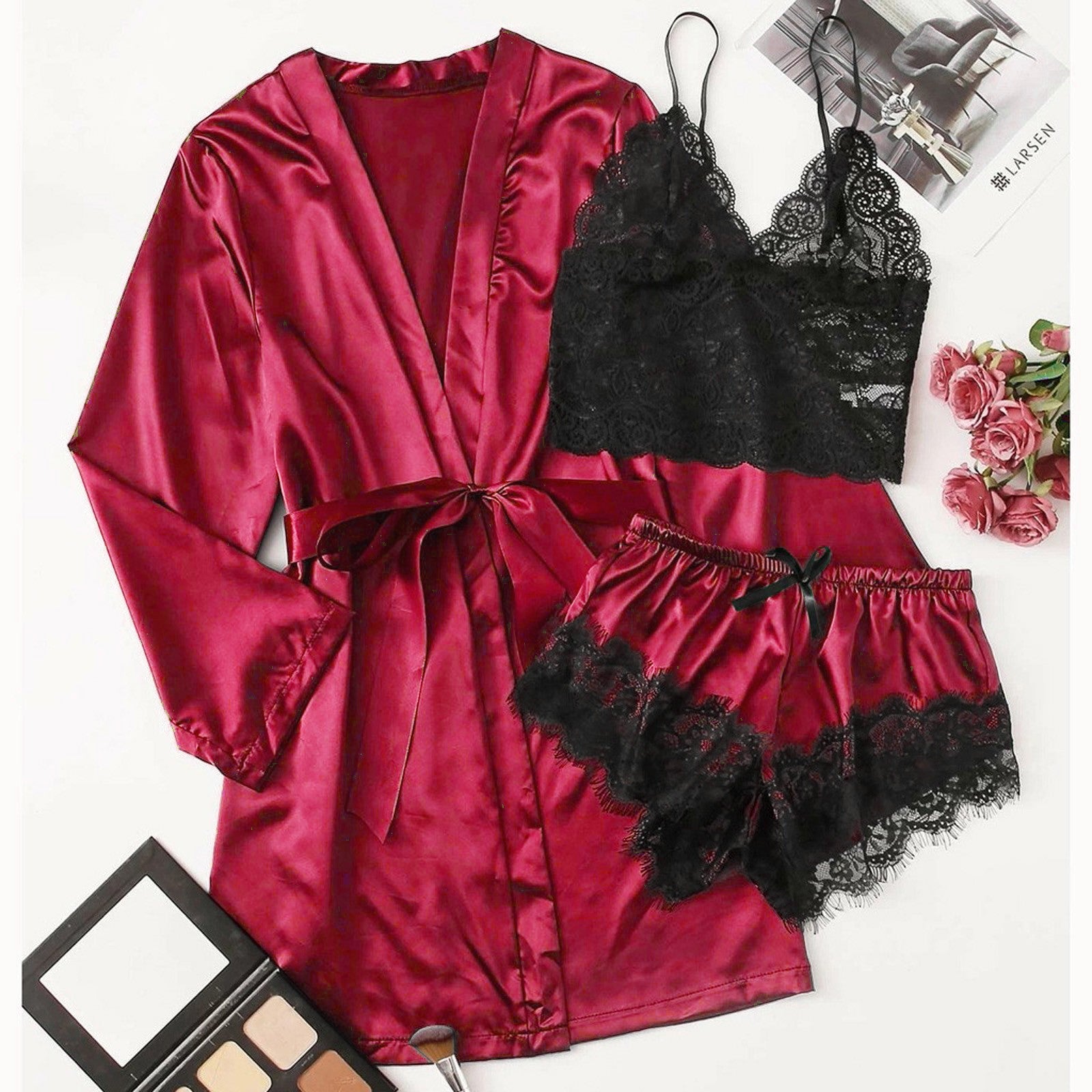 3-Piece Satin Silk Pajamas Set for Women – Sexy Lace Nightwear with Shorts, Robe, and Nightgown Sleepwear - Premium robe from Lizard Vigilante - Just $22.88! Shop now at Lizard Vigilante