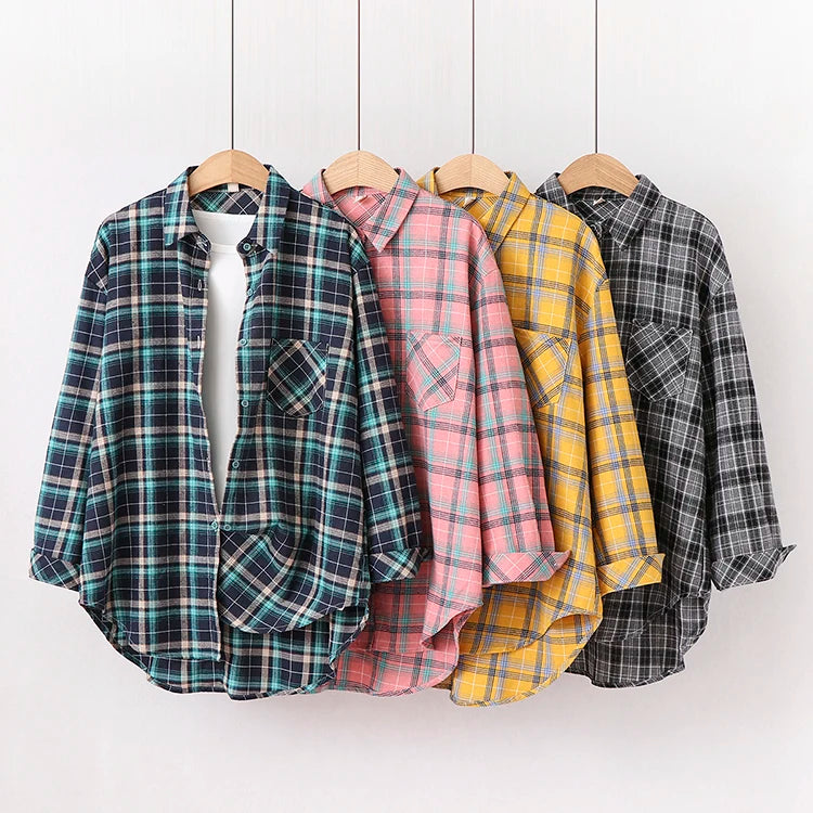 Women's Cotton Plaid Shirt – Casual Long Sleeve Blouse with Turn-Down Collar - Premium shirt from dsers - Just $38.88! Shop now at Lizard Vigilante