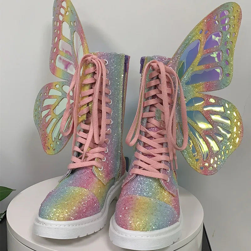 Butterfly Wings Silver Leather High-Top Sneakers | Shine Bling Ankle Platform Boots | Women's Lace-Up Motorcycle Style 2024 - Premium boots from Lizard Vigilante - Just $98.88! Shop now at Lizard Vigilante