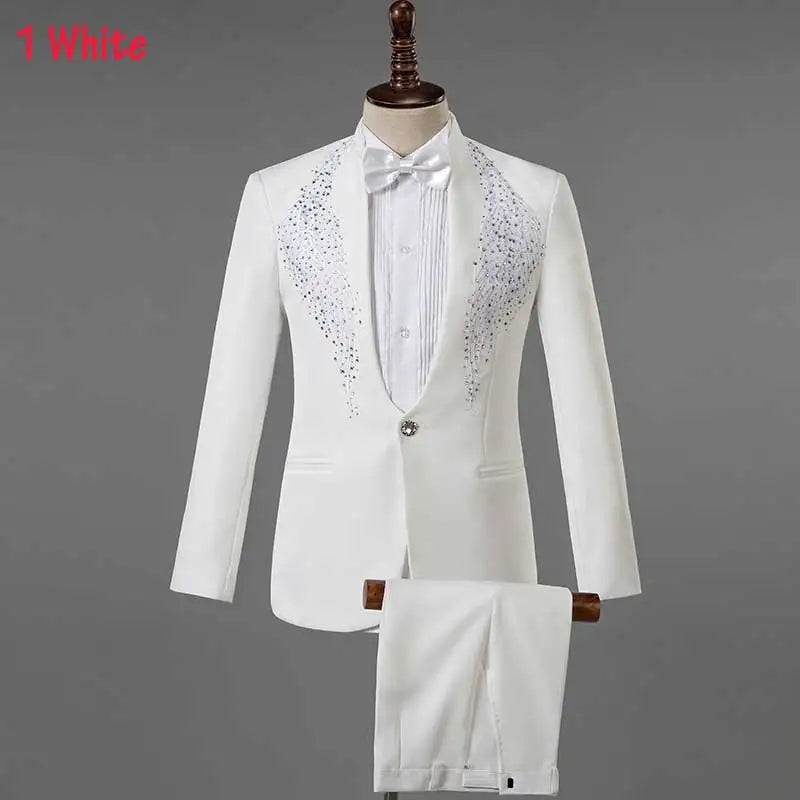 Mens Suits With Pants White Sparkly Crystals Embroidery Wedding Groom Tuxedo Suit Men Stand Collar Stage Costume Homme Mariage - Premium  from Lizard Vigilante - Just $88.88! Shop now at Lizard Vigilante