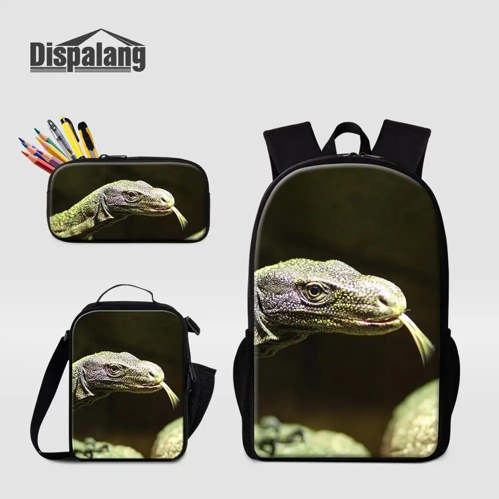 3 Piece Pencil Case School Bags Set Lizard Picnic Food Cooler Lizard Vigilante Reptile Print Schoolbag Boys Fashion Bagpack Children - Premium  from Lizard Vigilante - Just $64.69! Shop now at Lizard Vigilante