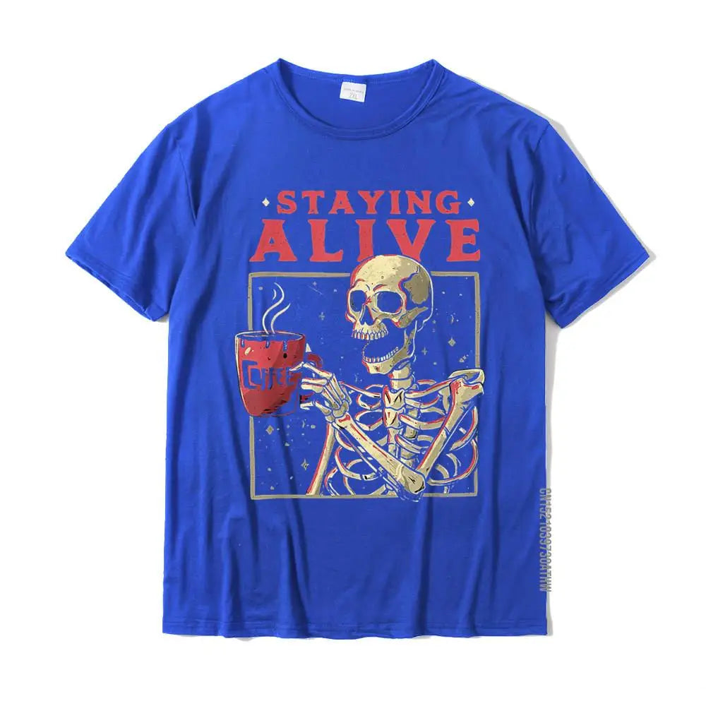 Staying Alive Skeleton Drink Coffee Funny T-Shirt | Unisex Cotton Tee - Premium T-shirts from Lizard Vigilante - Just $23.88! Shop now at Lizard Vigilante