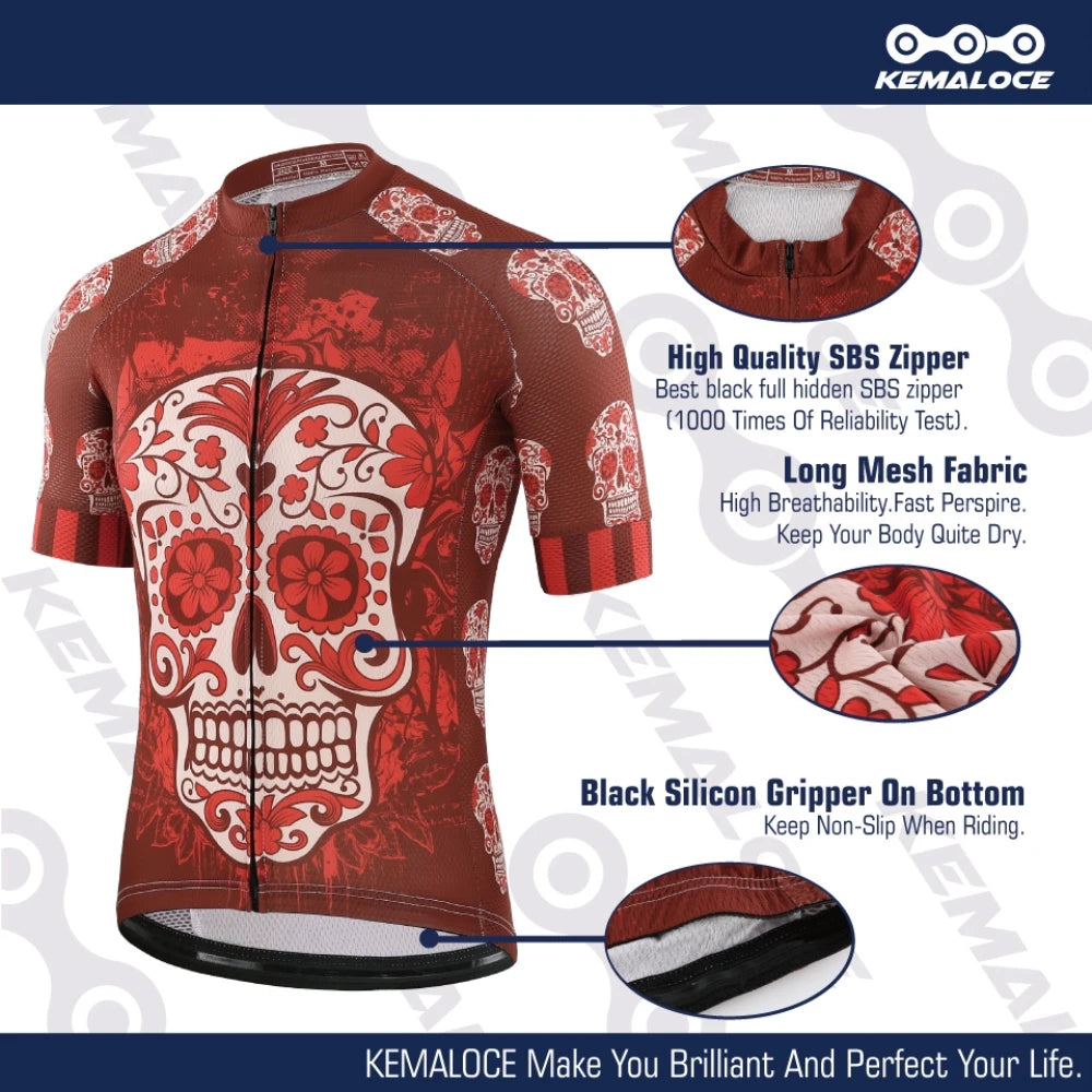 KEMALOCE Cycling Jersey Unique Red Skull Youth Pro Team Bike Sportswear Retro Novelty China Imported Men Bicycle Shirts - Premium jersey from Lizard Vigilante - Just $28.88! Shop now at Lizard Vigilante