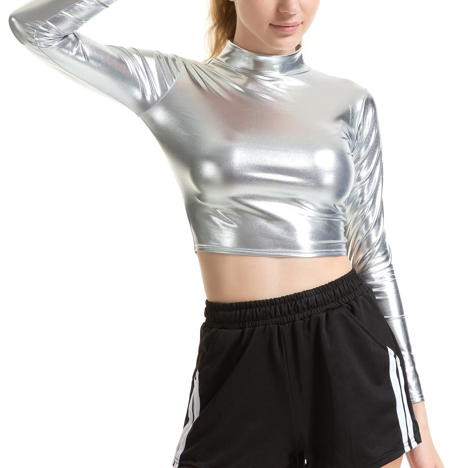 Women Pole Dance Clothing Mock Neck Nightclub Party Festival Rave Crop Top Shiny Metallic Sexy Punk Pole Dance Stage Costumes - Premium  from Lizard Vigilante - Just $17.99! Shop now at Lizard Vigilante