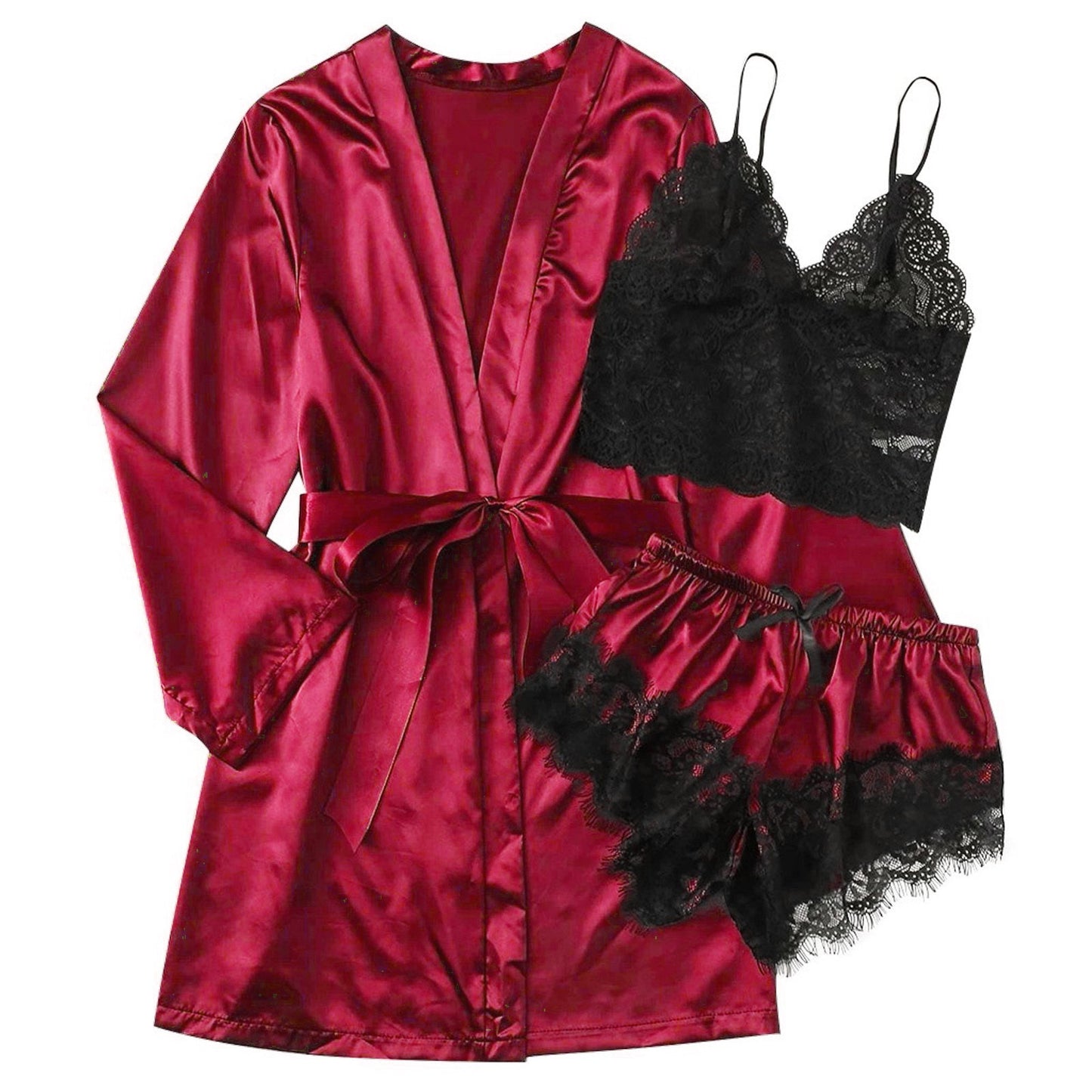 3-Piece Satin Silk Pajamas Set for Women – Sexy Lace Nightwear with Shorts, Robe, and Nightgown Sleepwear - Premium robe from Lizard Vigilante - Just $22.88! Shop now at Lizard Vigilante