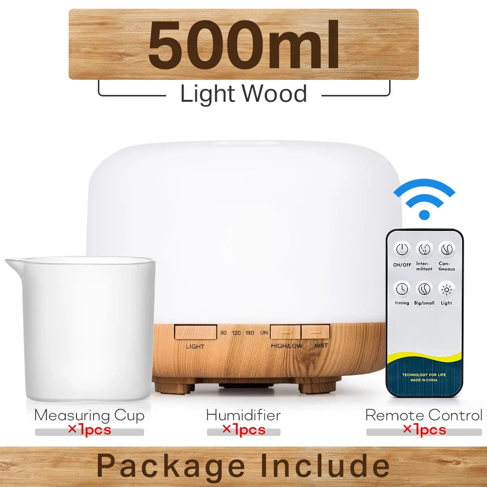 300 500ML Air Humidifier With Remote Control Colorful Non-printed Ultrasound Aroma Diffuser Pure White Dark Light Wood Grain