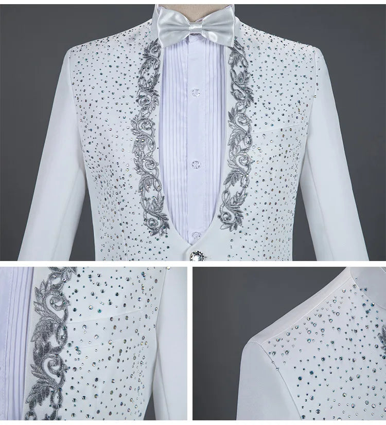 Mens Suits With Pants White Sparkly Crystals Embroidery Wedding Groom Tuxedo Suit Men Stand Collar Stage Costume Homme Mariage - Premium  from Lizard Vigilante - Just $88.88! Shop now at Lizard Vigilante