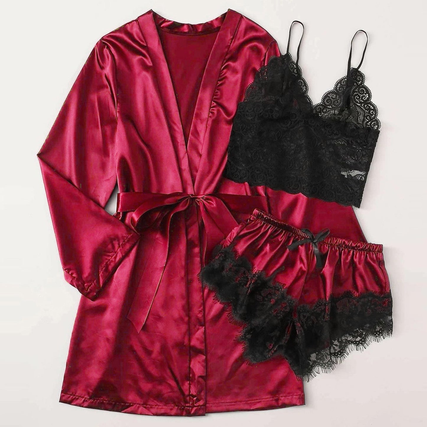 3-Piece Satin Silk Pajamas Set for Women – Sexy Lace Nightwear with Shorts, Robe, and Nightgown Sleepwear - Premium robe from Lizard Vigilante - Just $22.88! Shop now at Lizard Vigilante