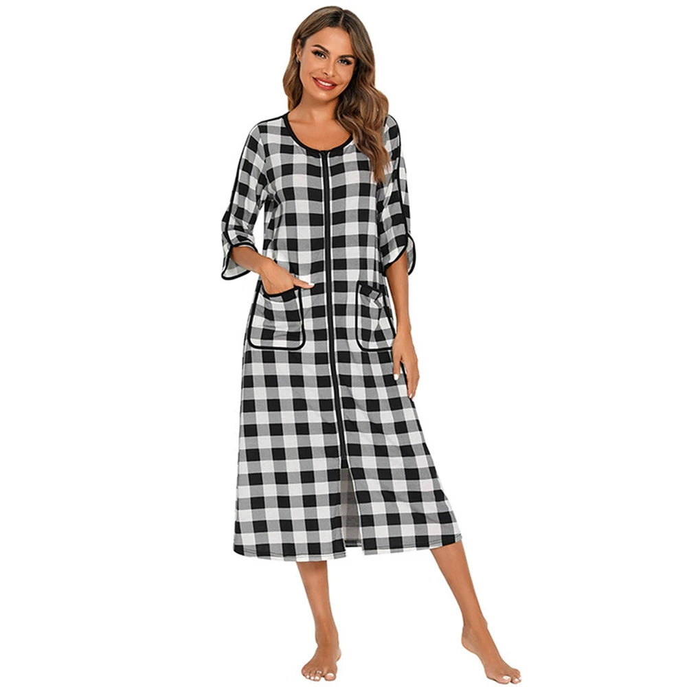 Women's Cozy Autumn Plaid Zipper Robe | Soft Long Nightgown & Warm Maternity Loungewear | Zipper-Front Bathrobe Pajamas - Premium robe from Lizard Vigilante - Just $23.88! Shop now at Lizard Vigilante