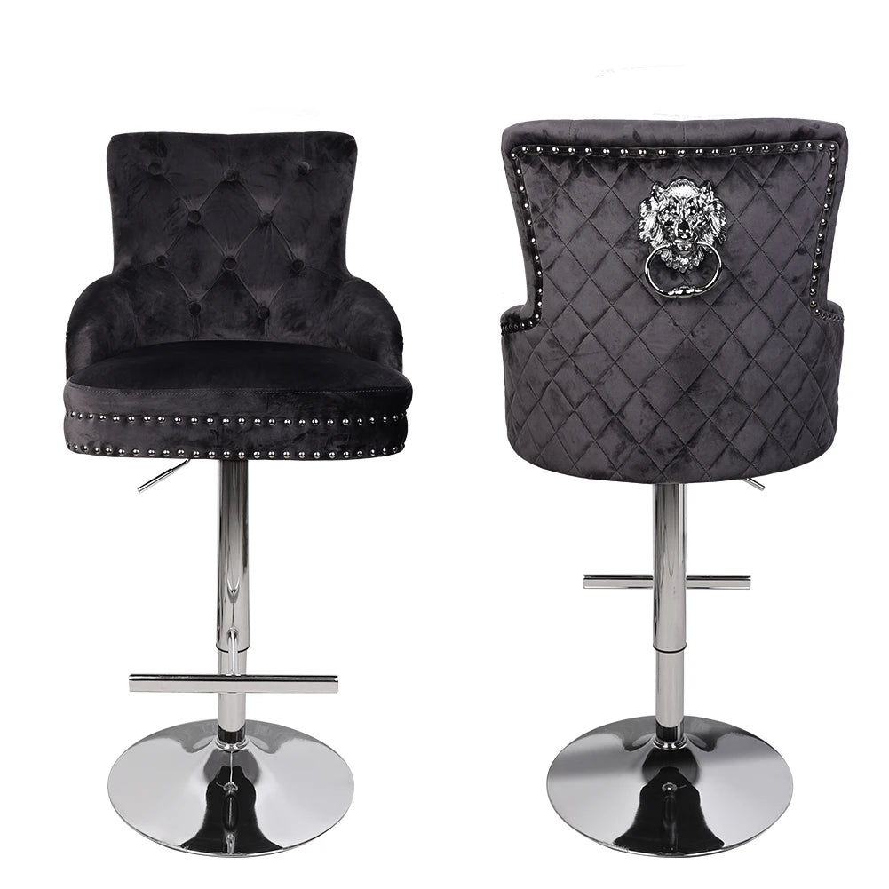 Luxury Black Velvet Swivel Bar Stool with Lion Knocker & Cross stitch High Back - Premium  from Lizard Vigilante - Just $232.99! Shop now at Lizard Vigilante