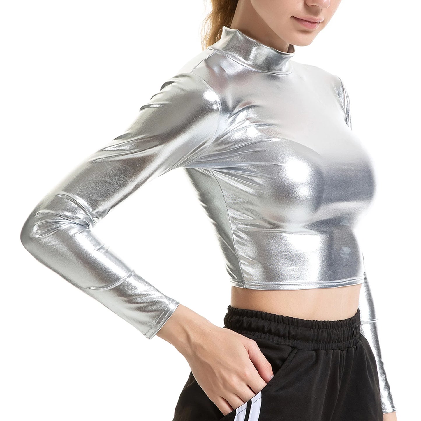 Women Pole Dance Clothing Mock Neck Nightclub Party Festival Rave Crop Top Shiny Metallic Sexy Punk Pole Dance Stage Costumes - Premium  from Lizard Vigilante - Just $17.99! Shop now at Lizard Vigilante