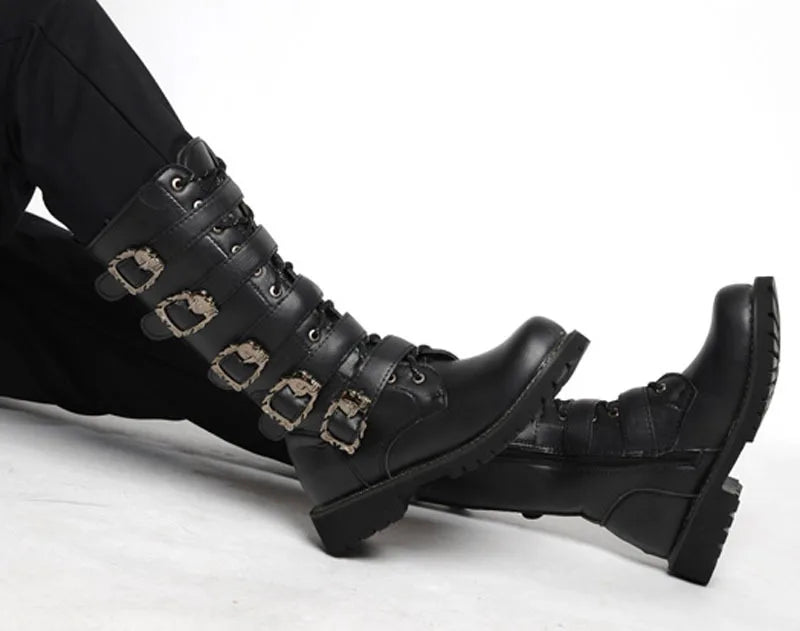 YBQJOO Men's PU Leather Motorcycle Boots | High Over the Knee Gothic Punk Boots | Stylish Buckle Strap Design - Premium boots from Lizard Vigilante - Just $89.99! Shop now at Lizard Vigilante