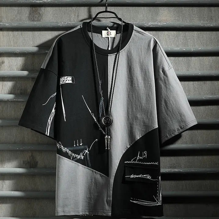 Old style hip hop fashion men's short sleeve T-shirt color matching style tooling 5-sleeve men's T-shirt