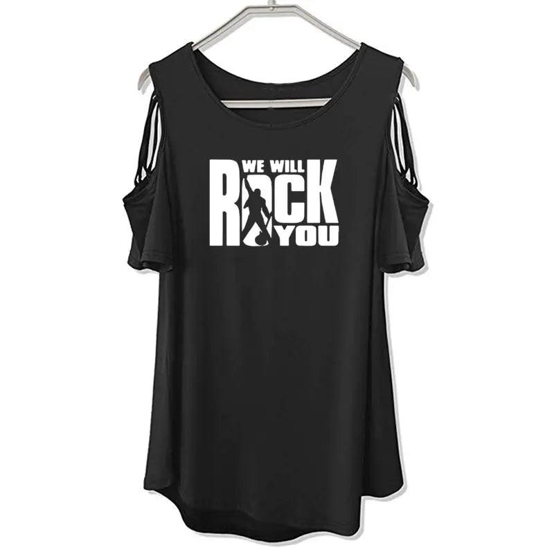 We Will Rock You Women T Shirt Summer Queen Rock Band T-shirt Short Sleeve Rock Roll Womens Off Shoulder Hollow Femme Tops - Lizard Vigilante