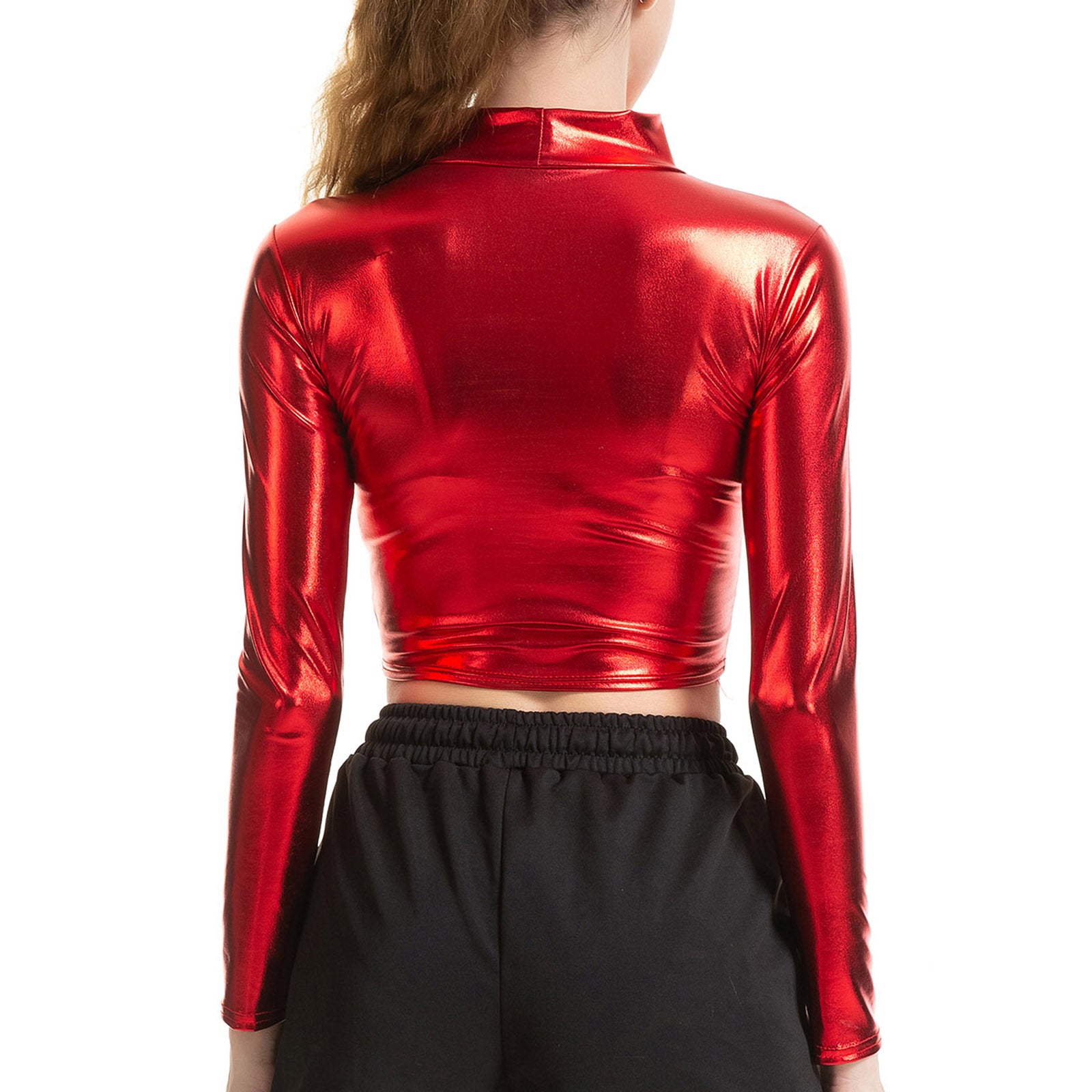 Women Pole Dance Clothing Mock Neck Nightclub Party Festival Rave Crop Top Shiny Metallic Sexy Punk Pole Dance Stage Costumes - Premium  from Lizard Vigilante - Just $17.99! Shop now at Lizard Vigilante