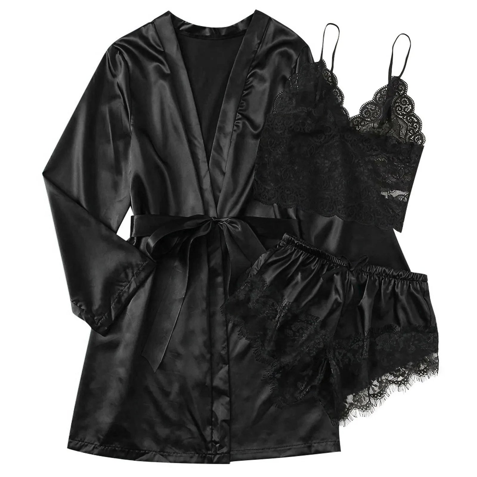 3-Piece Satin Silk Pajamas Set for Women – Sexy Lace Nightwear with Shorts, Robe, and Nightgown Sleepwear - Premium robe from Lizard Vigilante - Just $22.88! Shop now at Lizard Vigilante