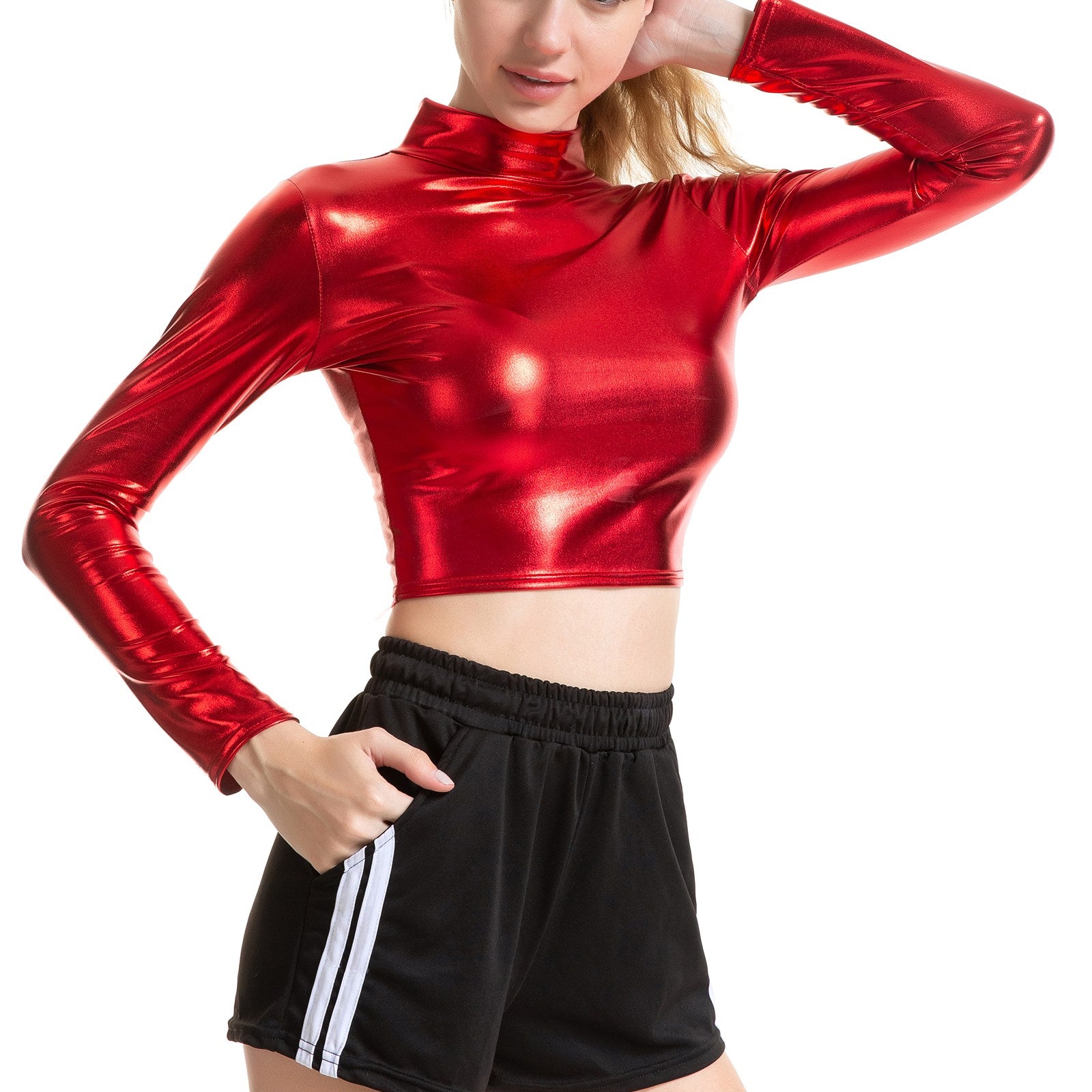 Women Pole Dance Clothing Mock Neck Nightclub Party Festival Rave Crop Top Shiny Metallic Sexy Punk Pole Dance Stage Costumes - Premium  from Lizard Vigilante - Just $17.99! Shop now at Lizard Vigilante