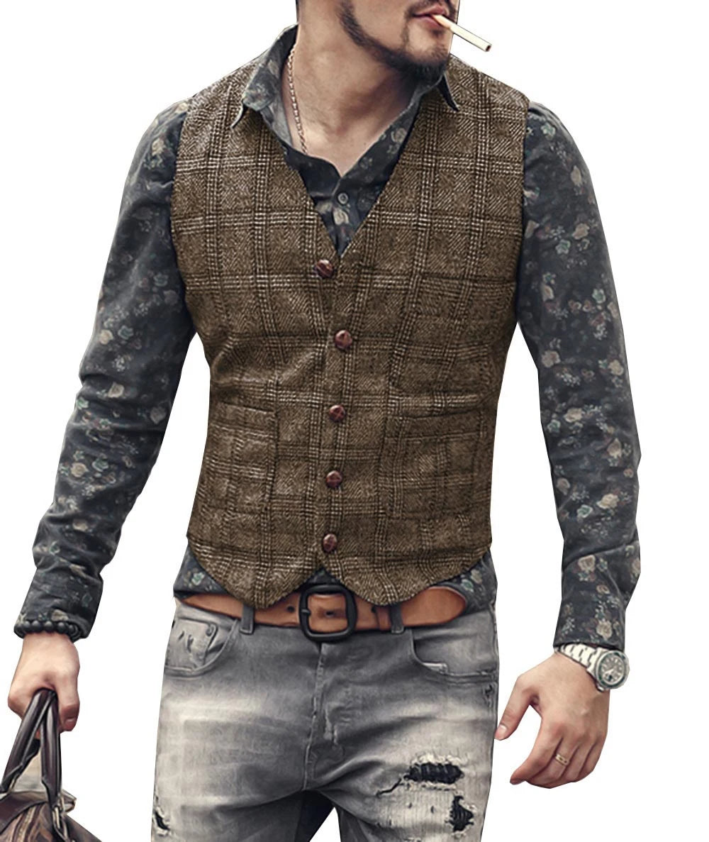 Men’s Vintage Tweed Plaid Vest – Classic Slim Fit Waistcoat for Weddings & Business - Premium vest from Lizard Vigilante - Just $42.88! Shop now at Lizard Vigilante