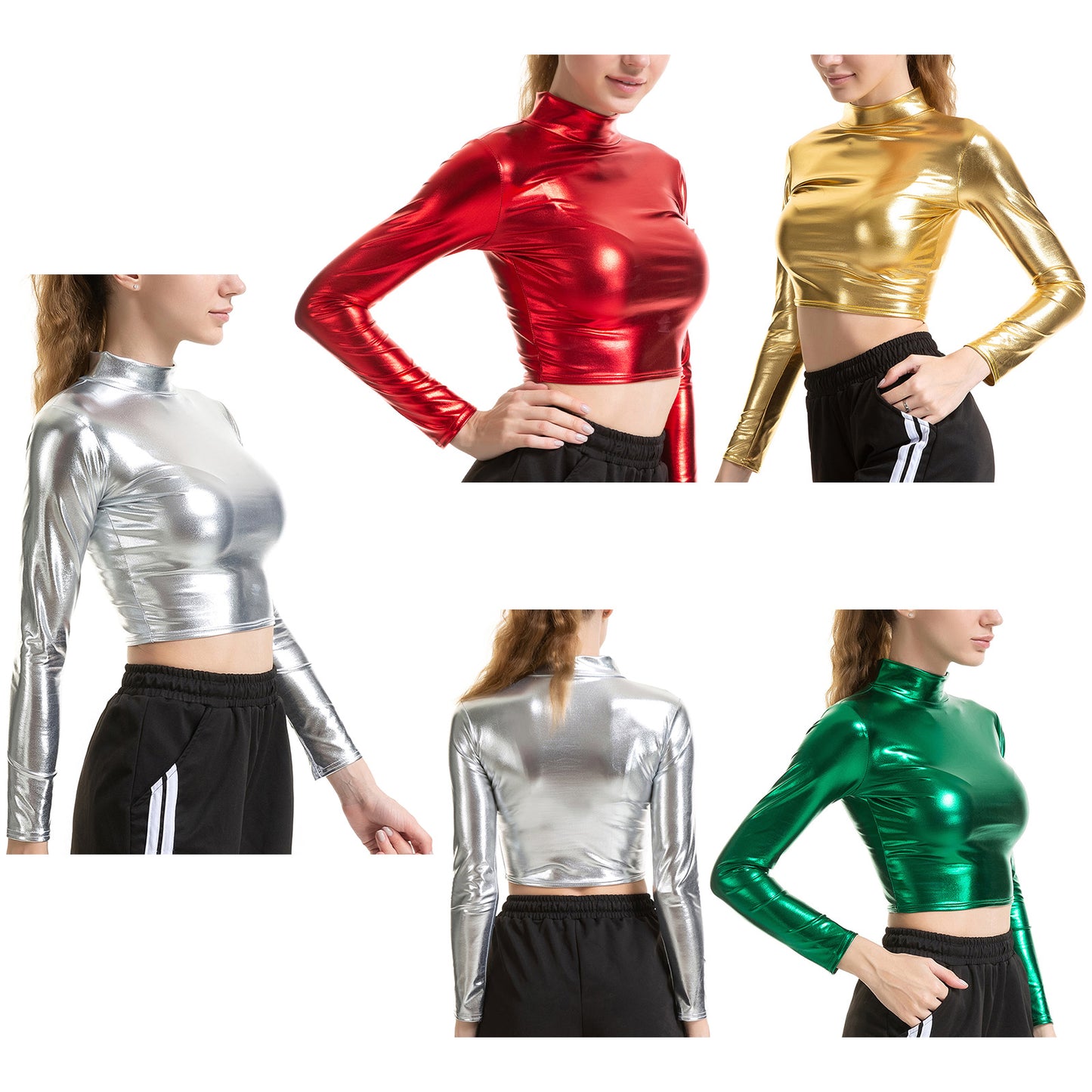 Women Pole Dance Clothing Mock Neck Nightclub Party Festival Rave Crop Top Shiny Metallic Sexy Punk Pole Dance Stage Costumes - Premium  from Lizard Vigilante - Just $17.99! Shop now at Lizard Vigilante