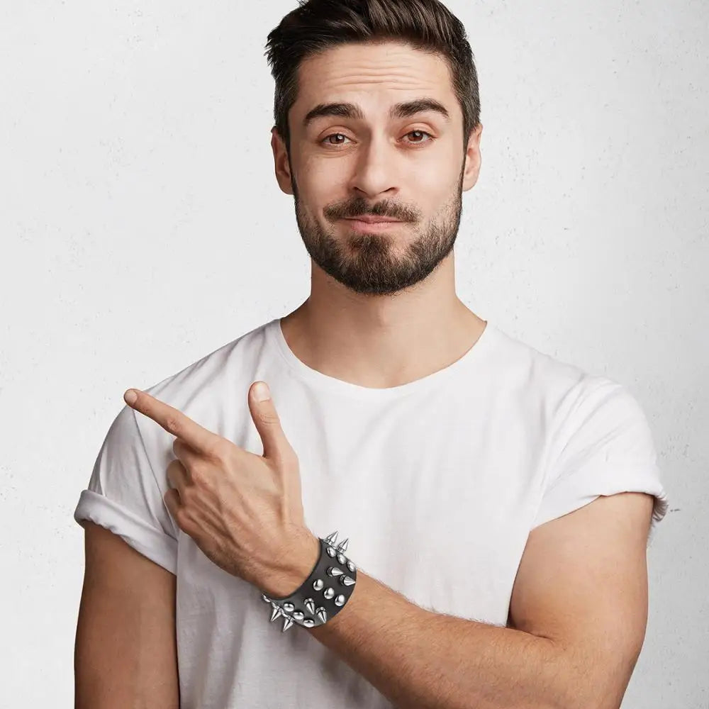 Boniskiss Punk Gothic Heavy Rivet Spike Stud Cone Wide PU Leather Cuff Bracelet Men Womens Wristband Cosplay Rock Unisex Jewelry - Premium  from Lizard Vigilante - Just $12.99! Shop now at Lizard Vigilante