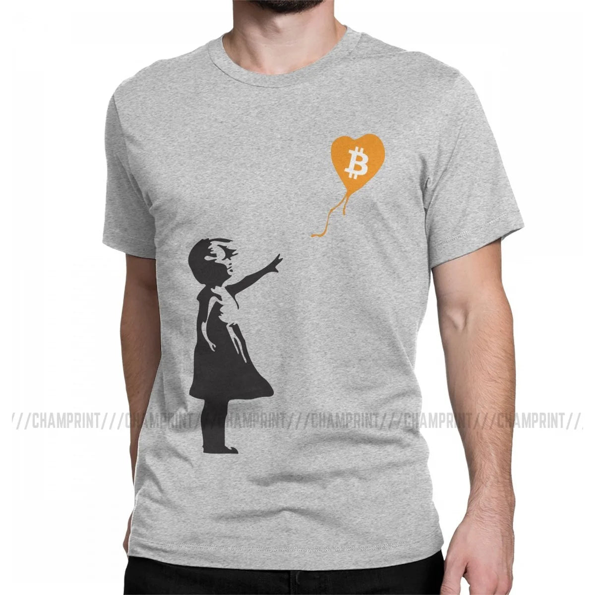 Awesome Bitcoin Balloon Girl Banksy T-Shirt For Men 100% Cotton Crypto BTC Short Sleeve Tee Shirt Graphic Clothes