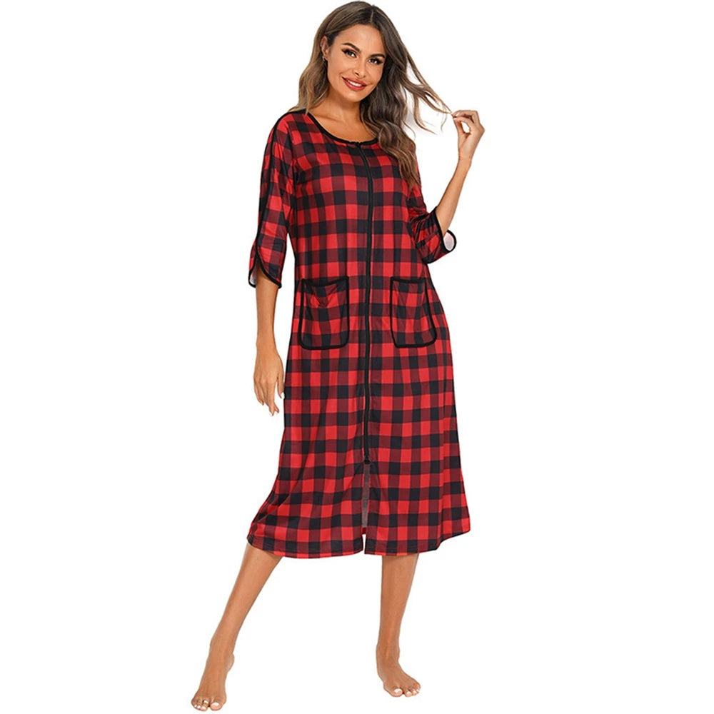 Women's Cozy Autumn Plaid Zipper Robe | Soft Long Nightgown & Warm Maternity Loungewear | Zipper-Front Bathrobe Pajamas - Premium robe from Lizard Vigilante - Just $23.88! Shop now at Lizard Vigilante