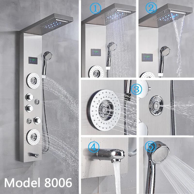 Brushed Nickel Bathroom Shower Column Wall Mounted Black LED Shower Panel Faucets Rainfall Digital Screen 6 Modes Mixer Tap - Premium  from Lizard Vigilante - Just $137.99! Shop now at Lizard Vigilante