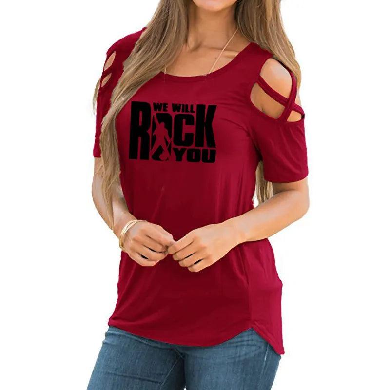 We Will Rock You Women T Shirt Summer Queen Rock Band T-shirt Short Sleeve Rock Roll Womens Off Shoulder Hollow Femme Tops - Lizard Vigilante