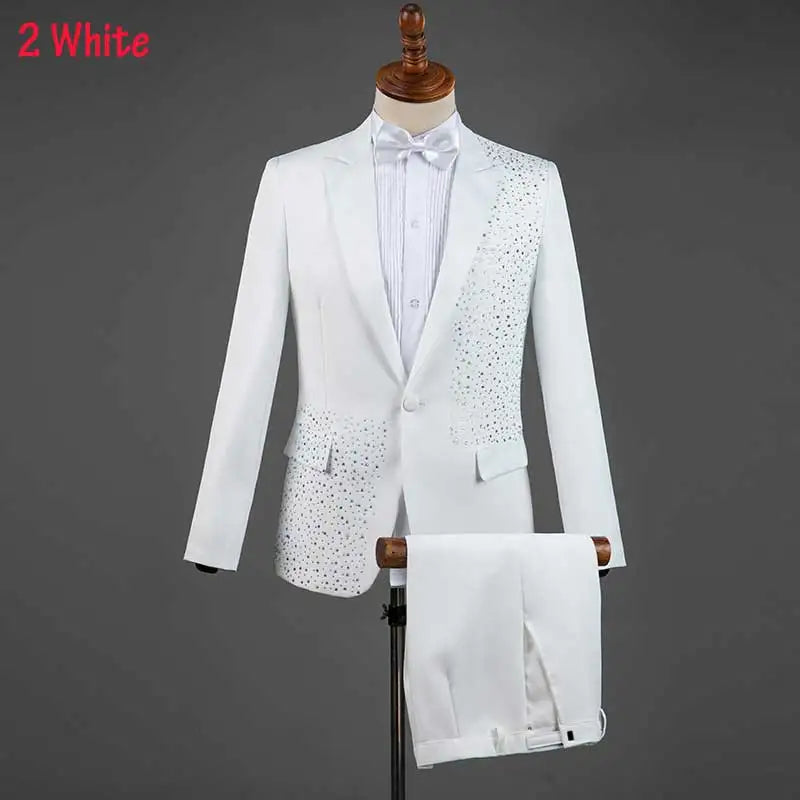 Mens Suits With Pants White Sparkly Crystals Embroidery Wedding Groom Tuxedo Suit Men Stand Collar Stage Costume Homme Mariage - Premium  from Lizard Vigilante - Just $88.88! Shop now at Lizard Vigilante