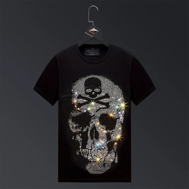 Skulls, Sparkles, and Summer Swagger – Men’s Plus Size Rhinestone Skull T-Shirt, Streetwear O-Neck Slim Fit - Premium tee from Lizard Vigilante - Just $48.88! Shop now at Lizard Vigilante