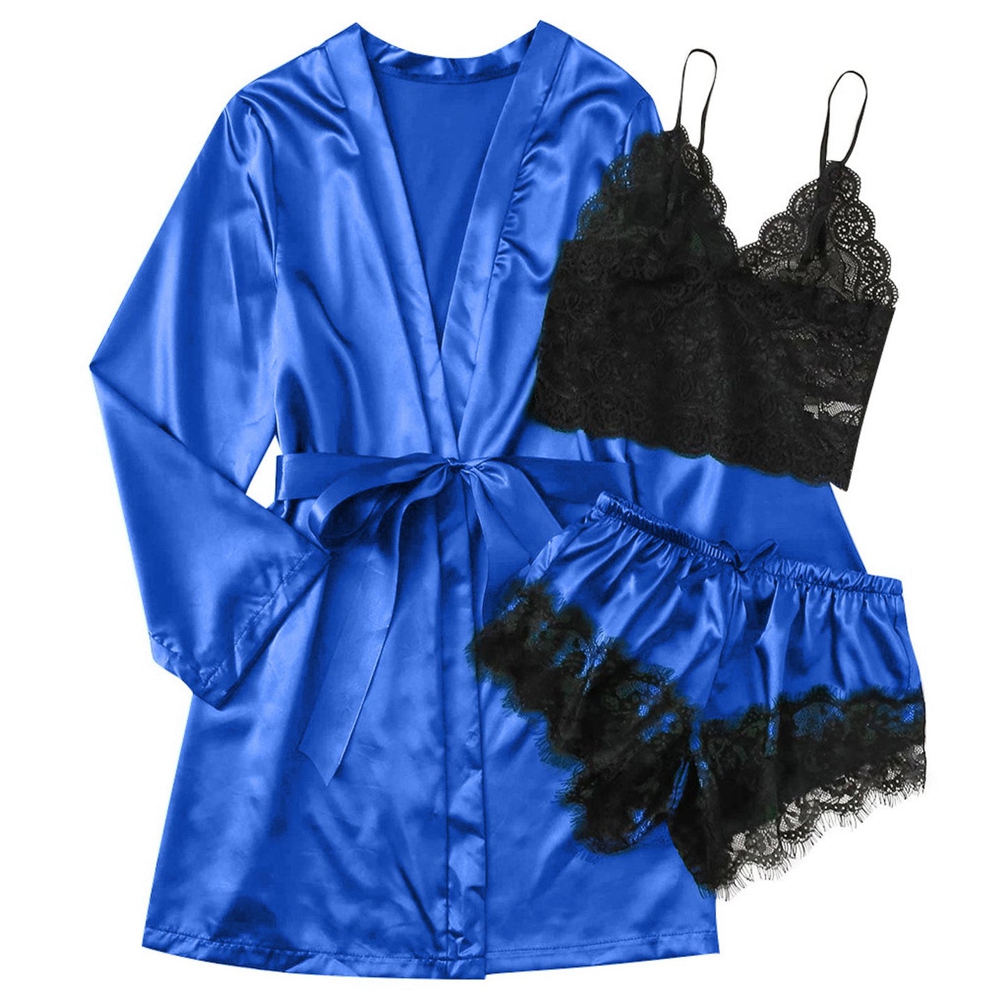 3-Piece Satin Silk Pajamas Set for Women – Sexy Lace Nightwear with Shorts, Robe, and Nightgown Sleepwear - Premium robe from Lizard Vigilante - Just $22.88! Shop now at Lizard Vigilante