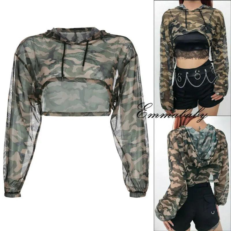 Long Sleeve Tshirt Mesh Top Hooded Hollow Out Sexy Punk Rock Short Crop Top White T-shirt Fishnet Black Women Clothing Tops Tees - Premium Crop Top from Lizard Vigilante - Just $26.99! Shop now at Lizard Vigilante