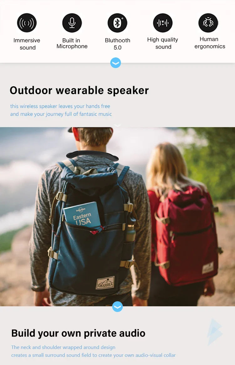 Neckband Bluetooth Speakers 12H music Wireless Wearable Speaker True 3D Stereo Sound Portable Personal Speakers with microphone